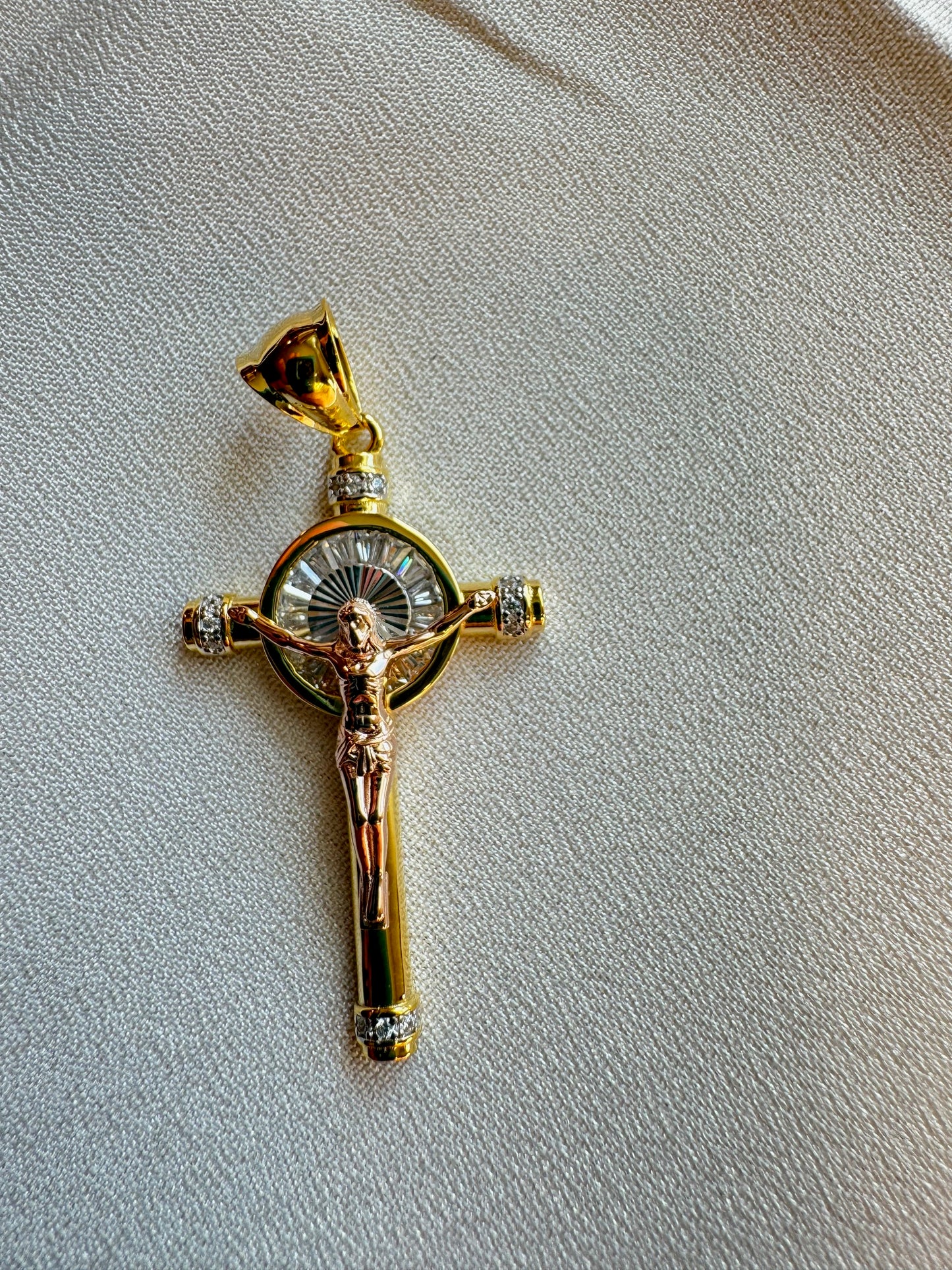 Two-Tone Baguette CZ Crucifix Pendants – Gold/Rose Gold or Gold/Rhodium Finish