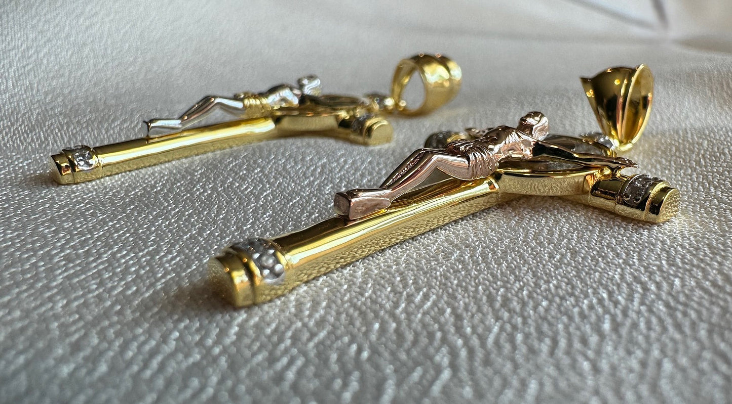 Two-Tone Baguette CZ Crucifix Pendants – Gold/Rose Gold or Gold/Rhodium Finish
