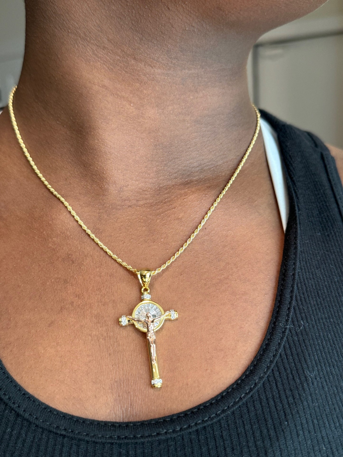 Two-Tone Baguette CZ Crucifix Pendants – Gold/Rose Gold or Gold/Rhodium Finish