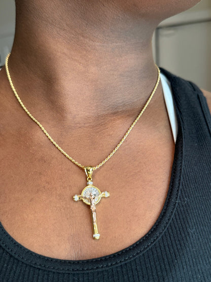 Two-Tone Baguette CZ Crucifix Pendants – Gold/Rose Gold or Gold/Rhodium Finish