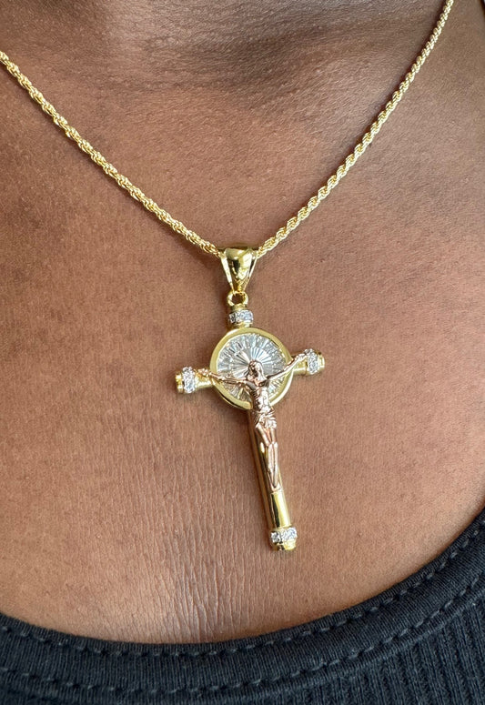Two-Tone Baguette CZ Crucifix Pendants – Gold/Rose Gold or Gold/Rhodium Finish
