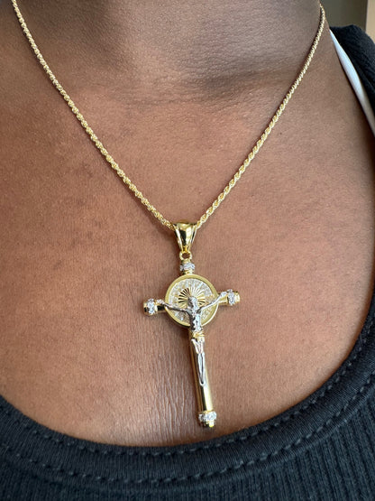 Two-Tone Baguette CZ Crucifix Pendants – Gold/Rose Gold or Gold/Rhodium Finish