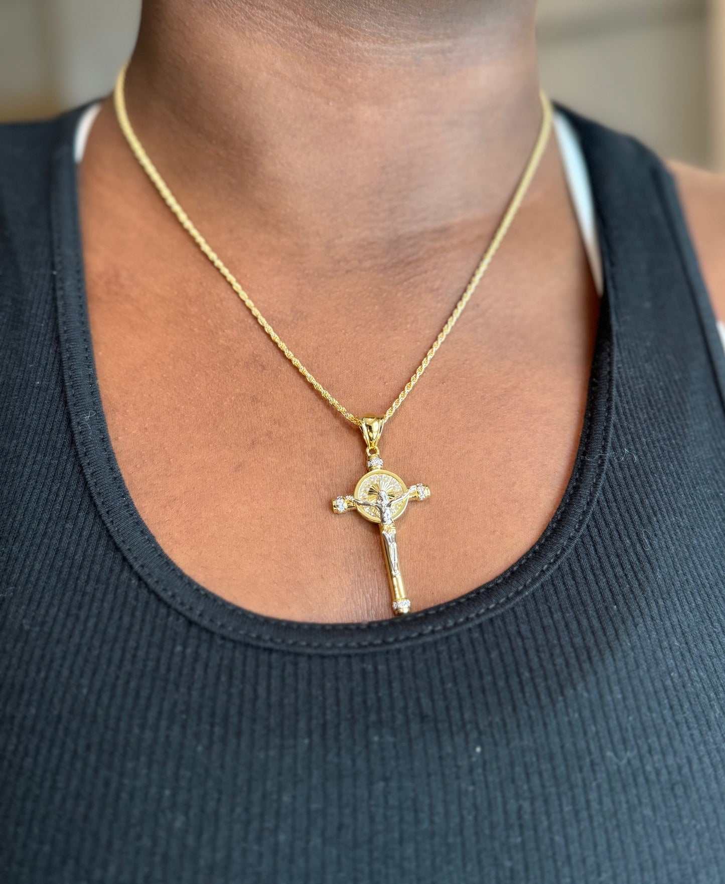 Two-Tone Baguette CZ Crucifix Pendants – Gold/Rose Gold or Gold/Rhodium Finish