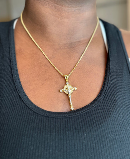 Two-Tone Baguette CZ Crucifix Pendants – Gold/Rose Gold or Gold/Rhodium Finish