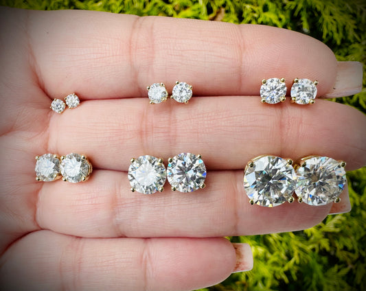 Gold Moissanite stud earrings all sizes 3 to 10mm SCREW BACKS
