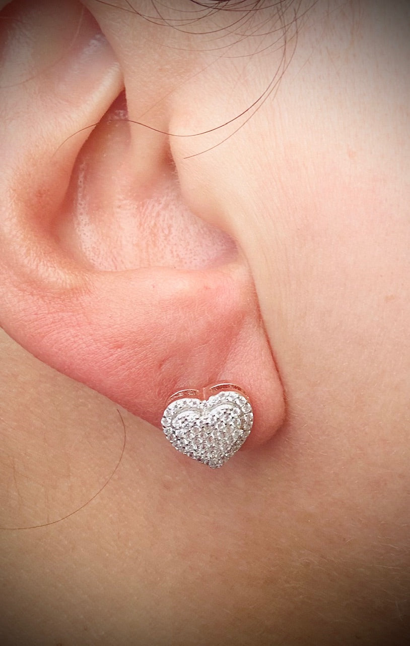 Iced Out Heart Stud Earrings – Rhodium, 14k Gold, or Rose Gold Finish