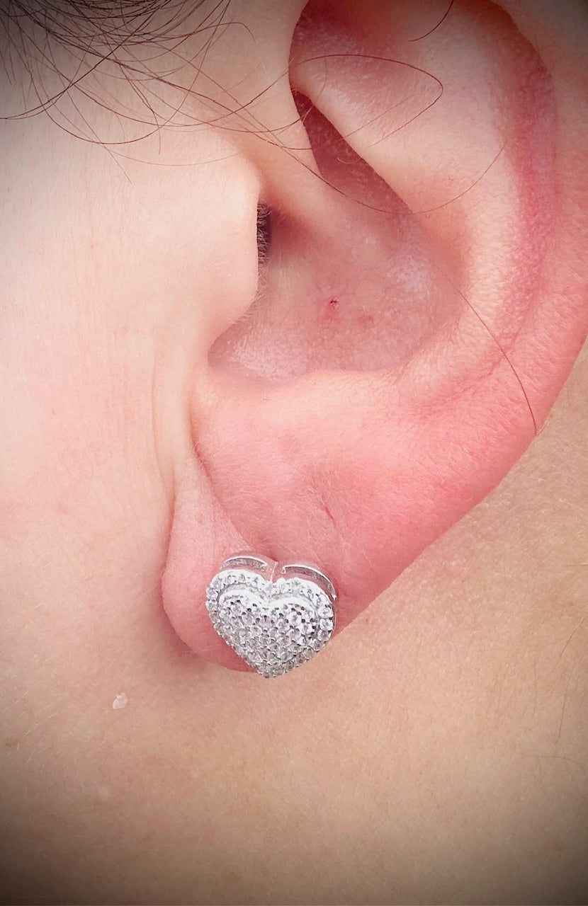 Iced Out Heart Stud Earrings – Rhodium, 14k Gold, or Rose Gold Finish