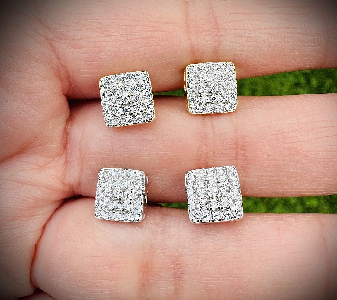 Small Square Iced Out CZ Stud Earrings – Gold or Silver