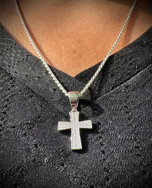 Small Rhodium Cross Pendant – Iced Out CZ