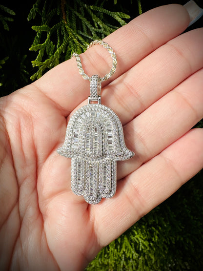 Rhodium Baguette CZ Hamsa Pendant – Iced Out Hand of God
