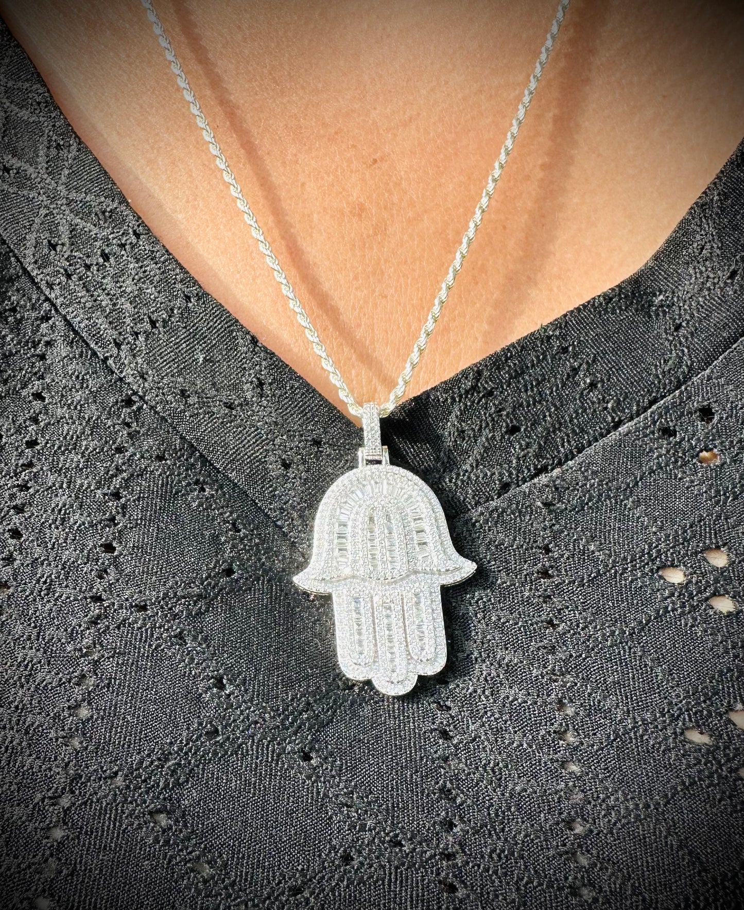 Rhodium Baguette CZ Hamsa Pendant – Iced Out Hand of God