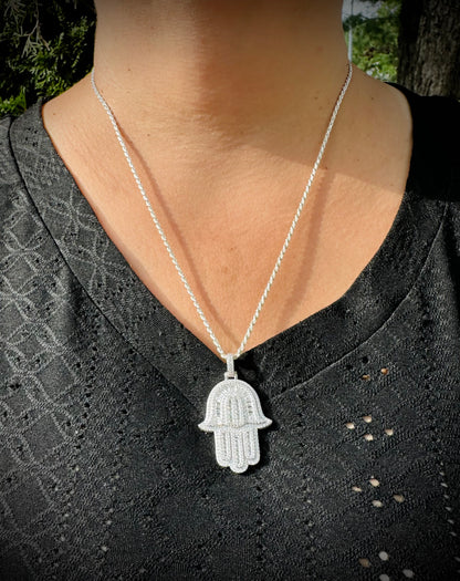 Rhodium Baguette CZ Hamsa Pendant – Iced Out Hand of God