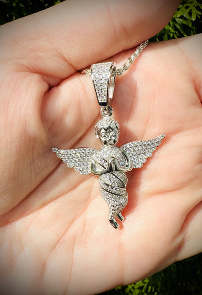 Iced Out Guardian Angel Pendant – Rhodium CZ