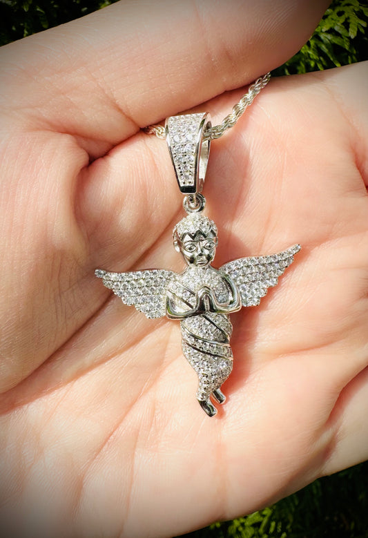 Iced Out Guardian Angel Pendant – Rhodium CZ