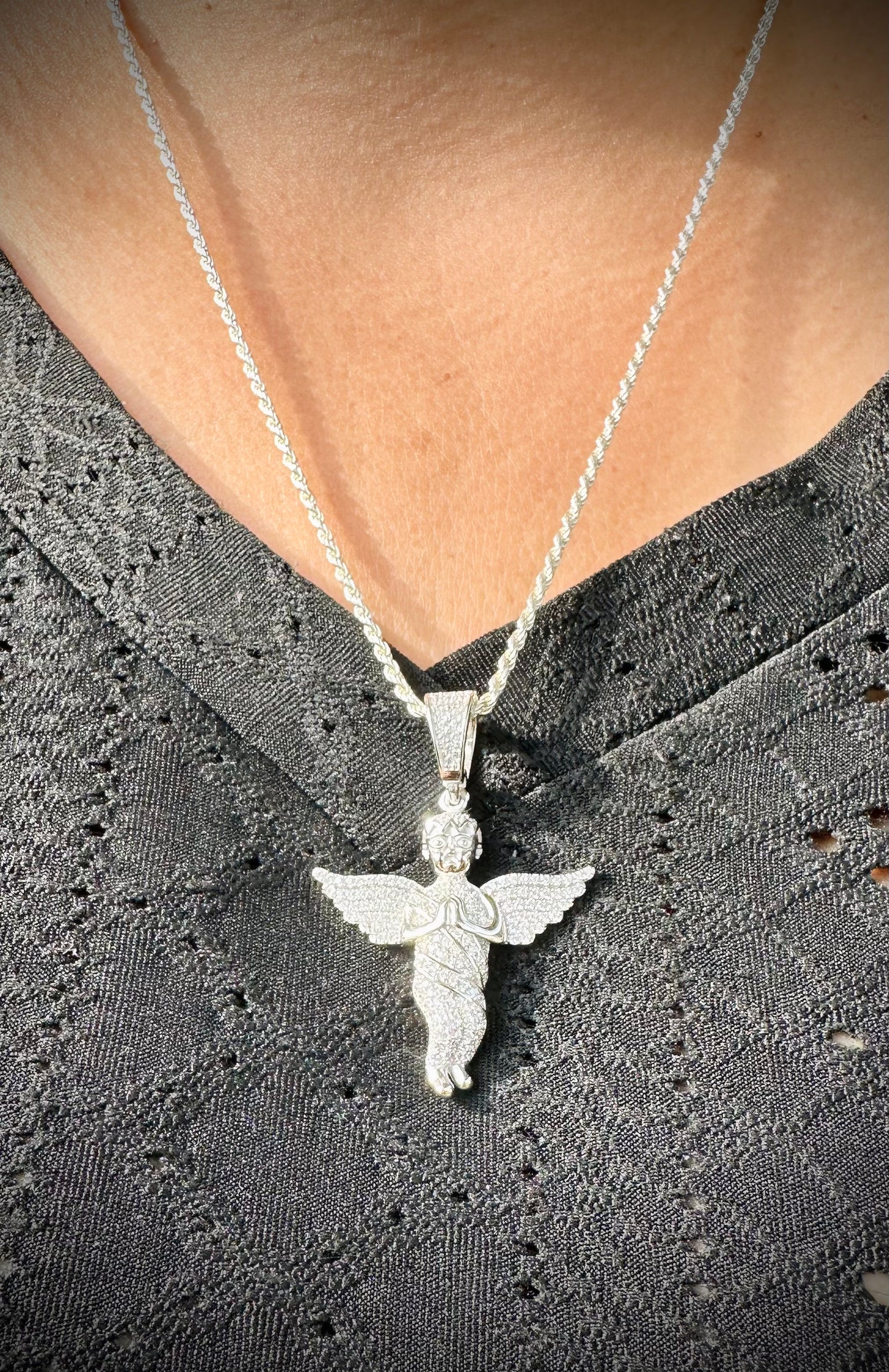 Iced Out Guardian Angel Pendant – Rhodium CZ