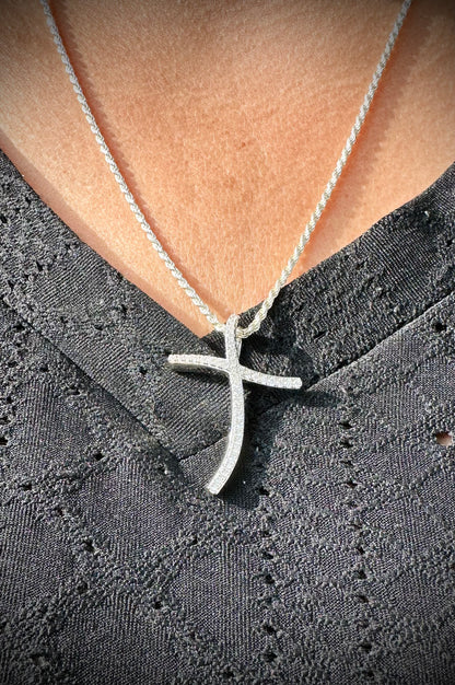 Rhodium Curvy Cross Pendant – Twisted Iced Out Cross