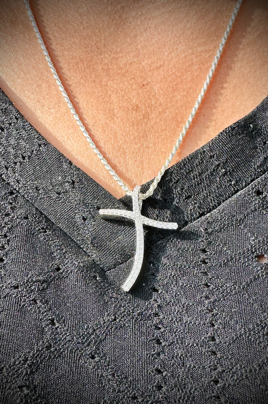 Rhodium Curvy Cross Pendant – Twisted Iced Out Cross