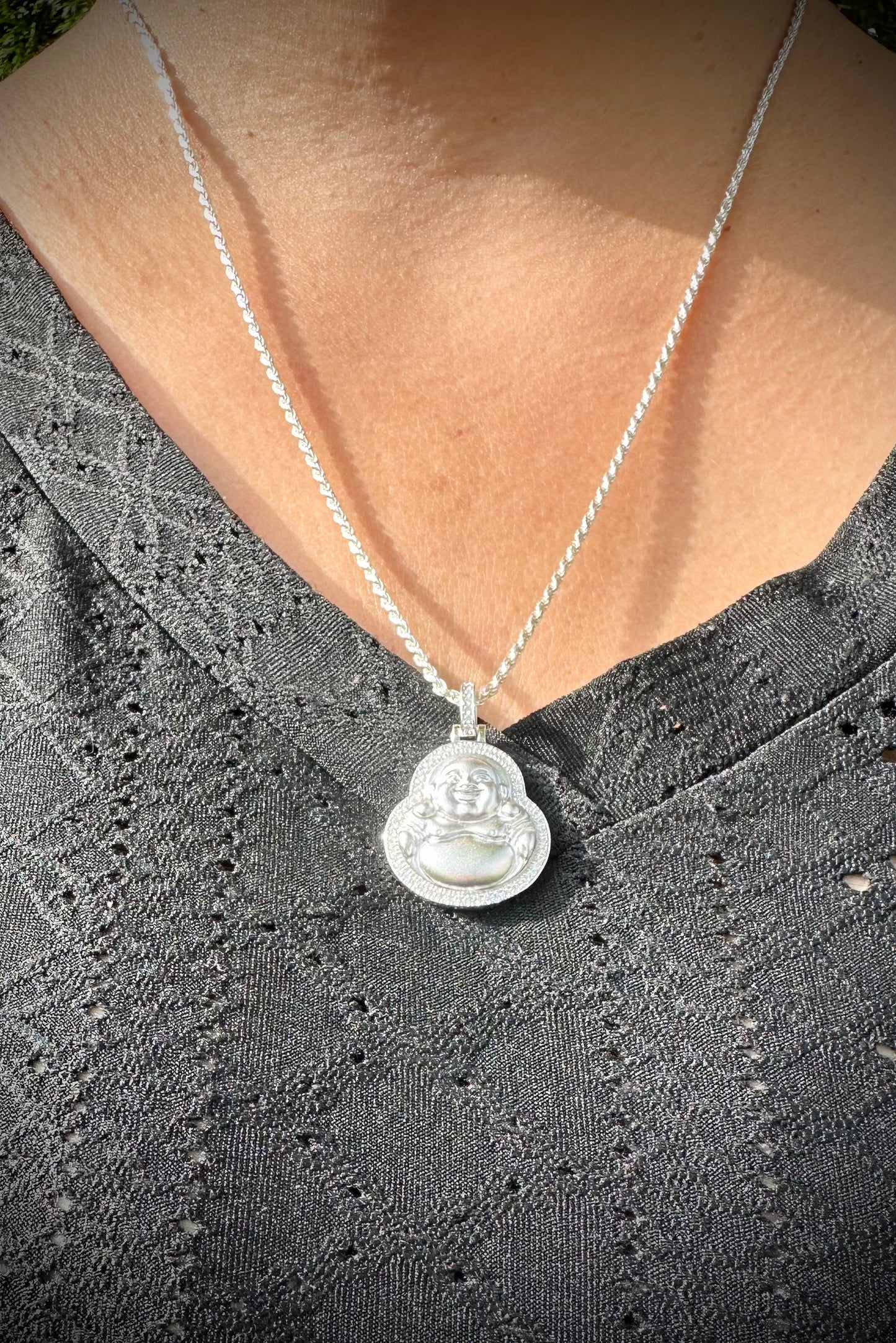 Small Sterling Silver Laughing Buddha Pendant – Matte Finish
