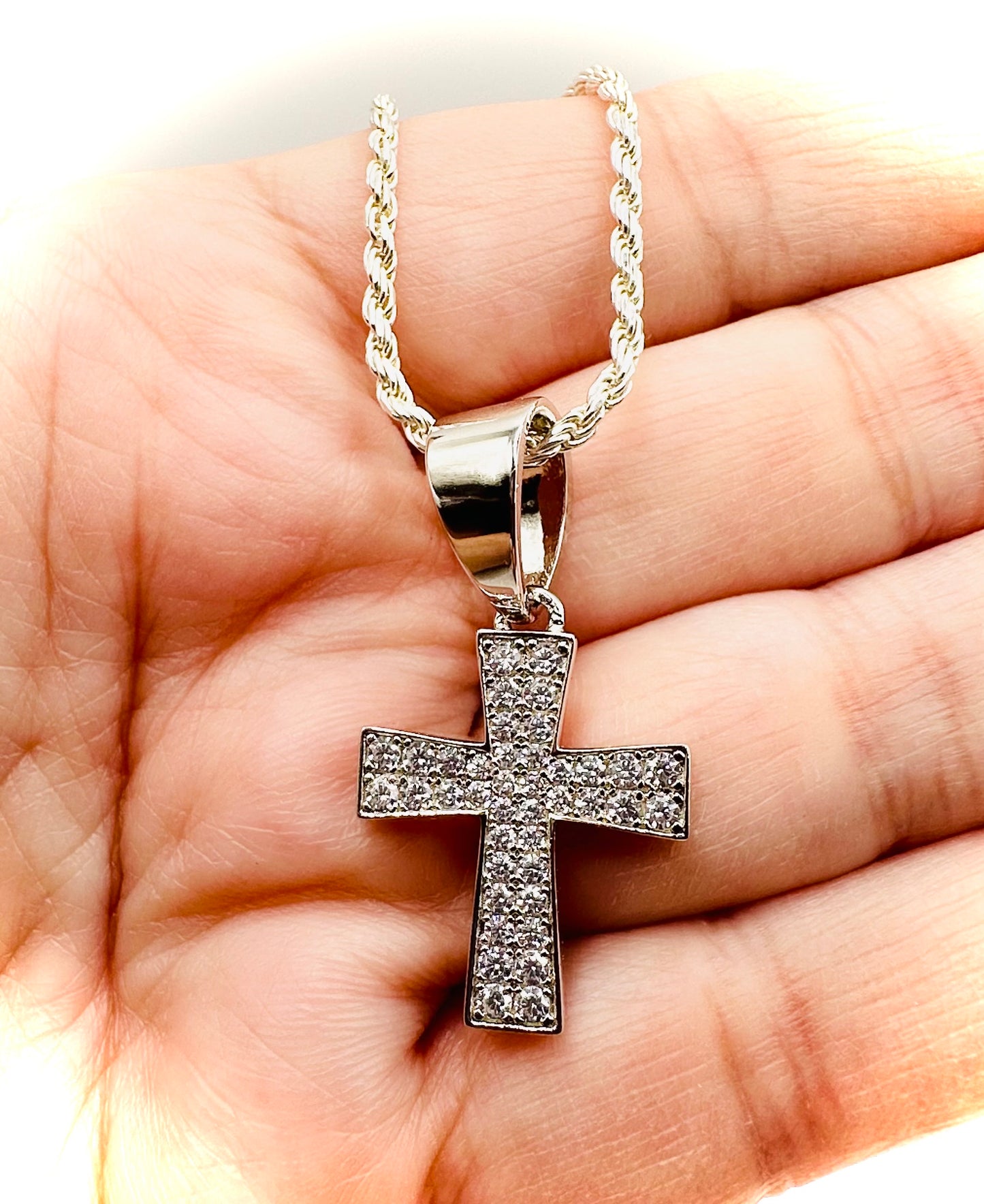 Small Rhodium Cross Pendant – Iced Out CZ