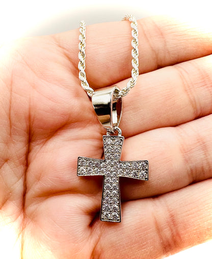 Small Rhodium Cross Pendant – Iced Out CZ