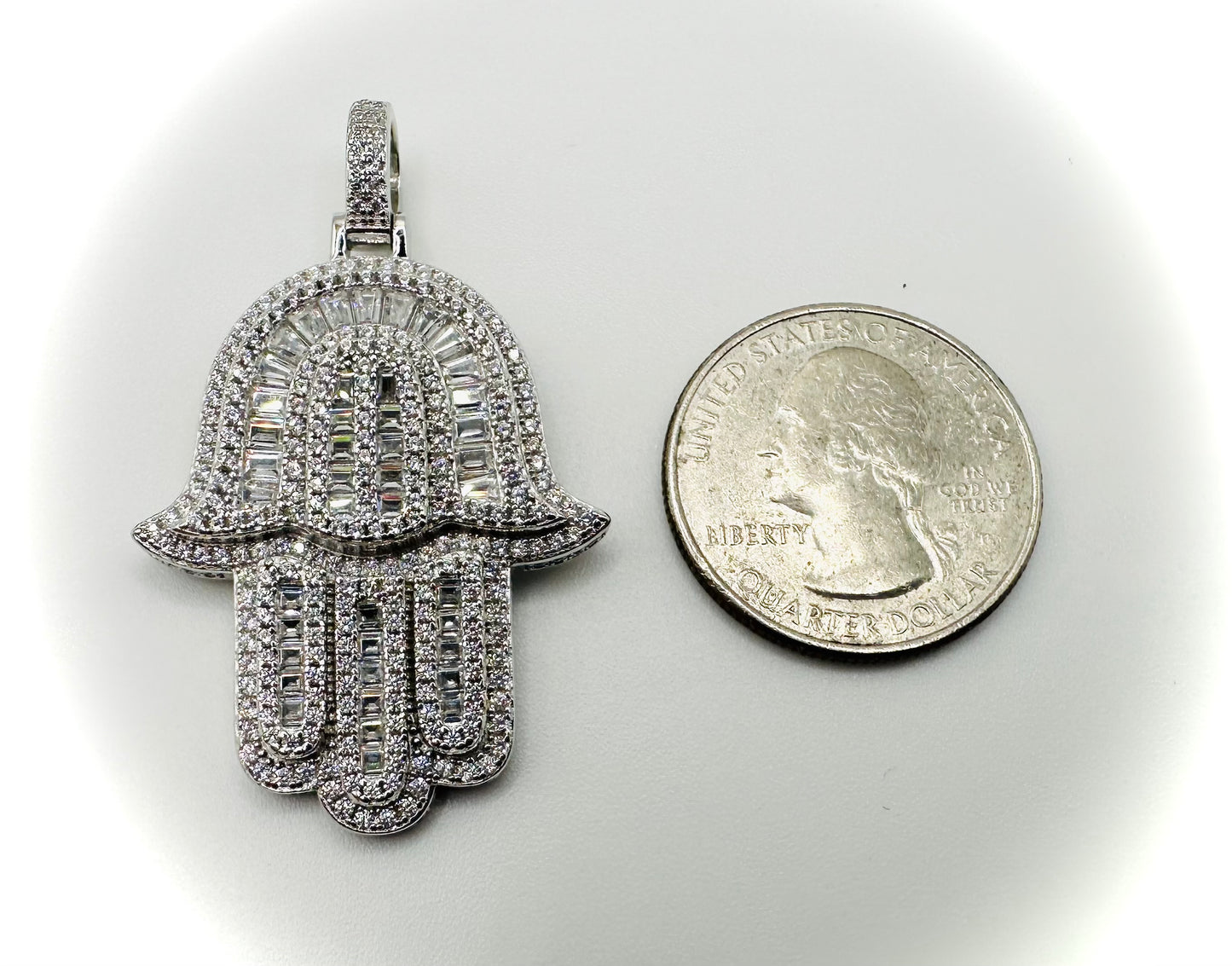 Rhodium Baguette CZ Hamsa Pendant – Iced Out Hand of God