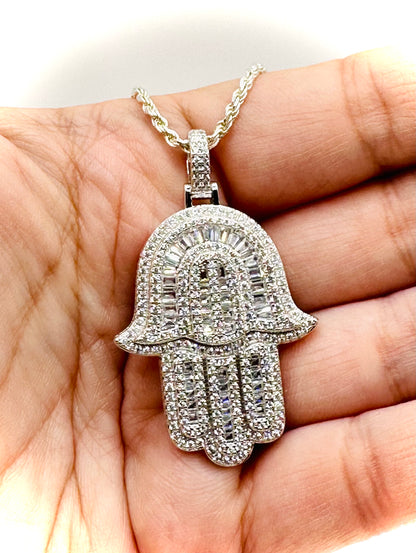 Rhodium Baguette CZ Hamsa Pendant – Iced Out Hand of God