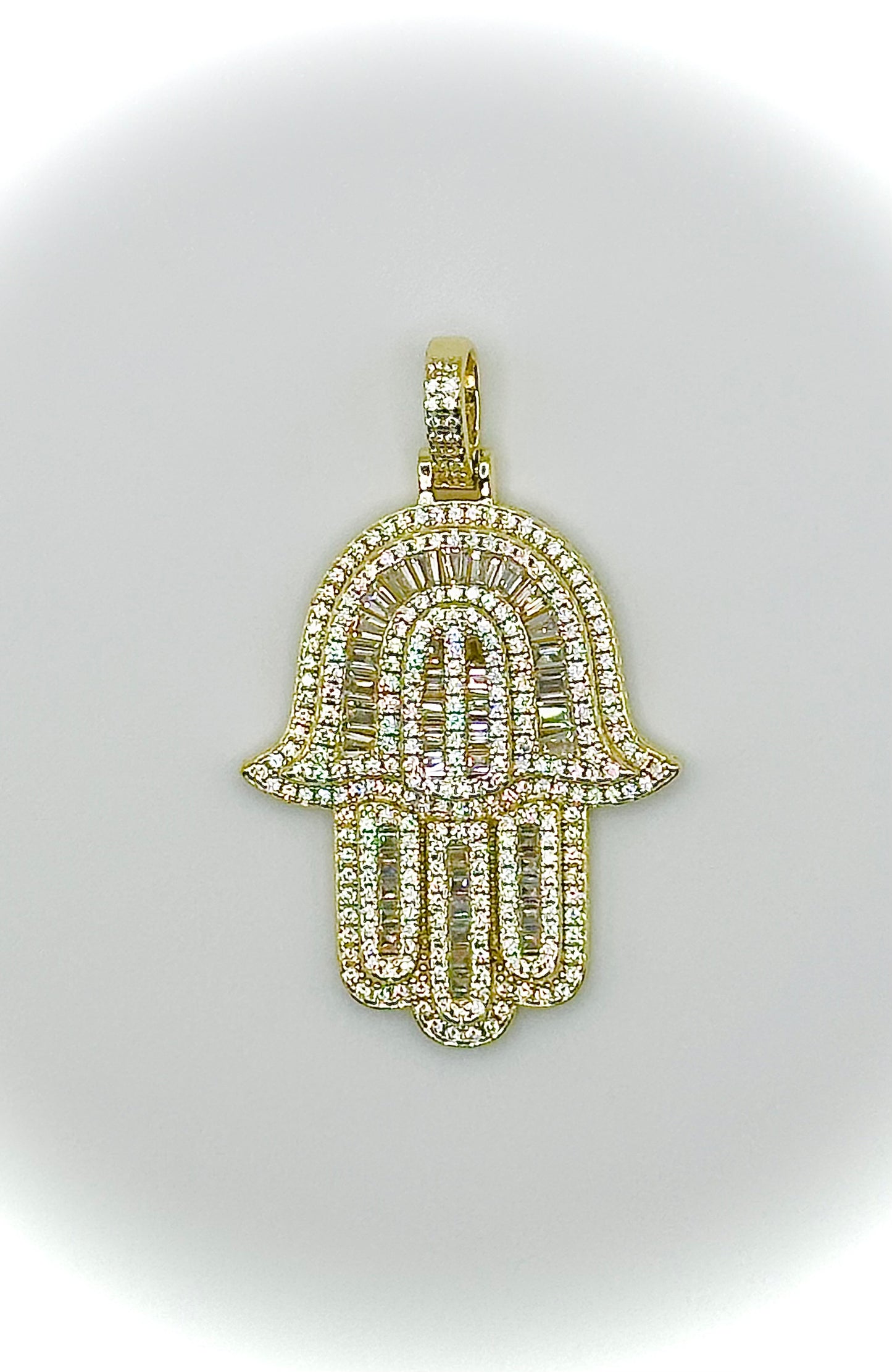Gold Baguette CZ Iced Out Hamsa Pendant
