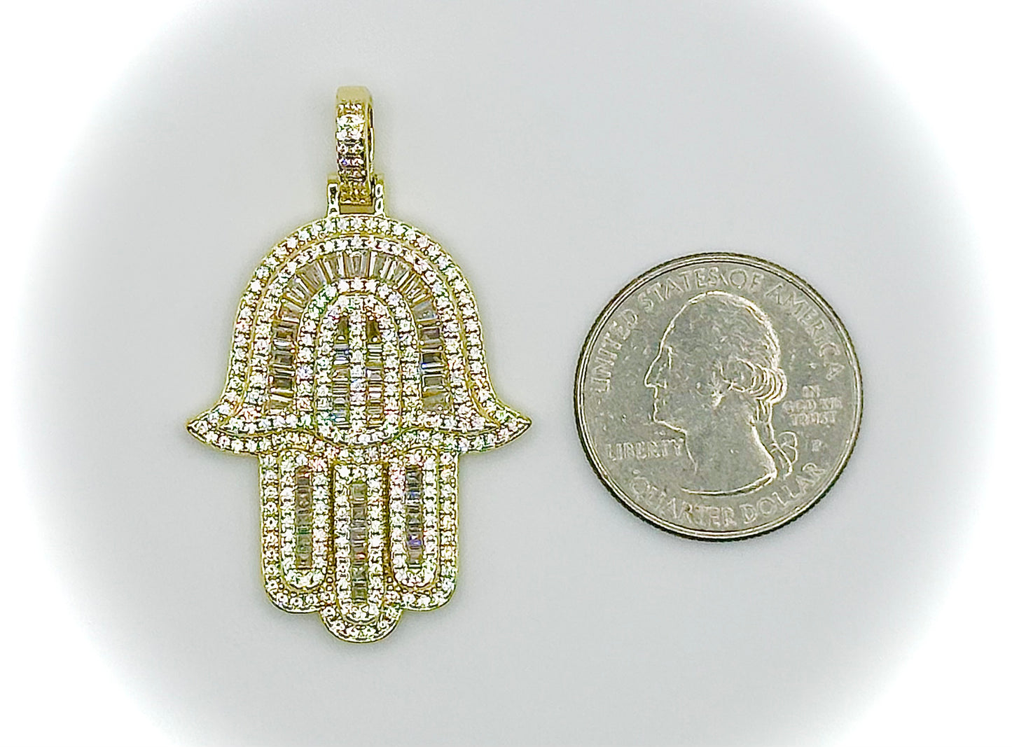 Gold Baguette CZ Iced Out Hamsa Pendant