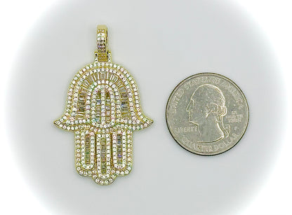 Gold Baguette CZ Iced Out Hamsa Pendant