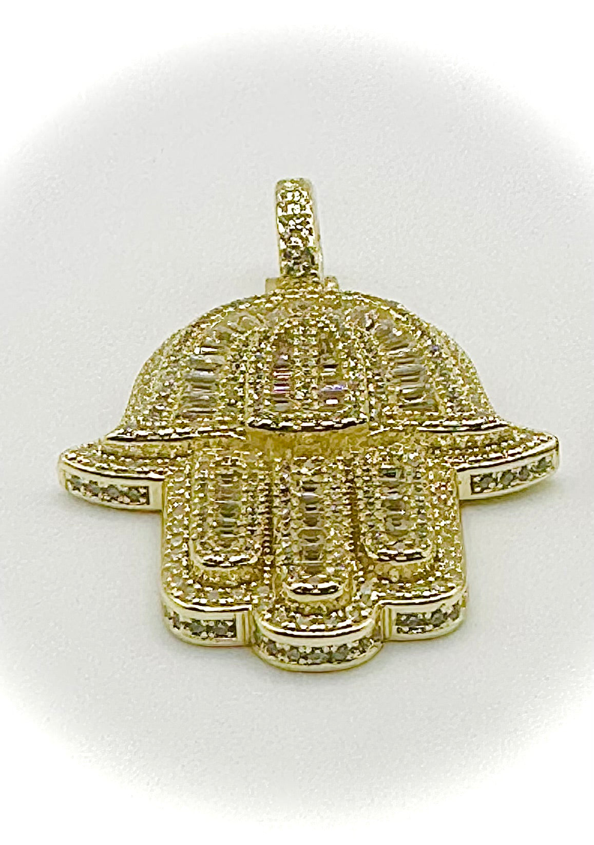 Gold Baguette CZ Iced Out Hamsa Pendant