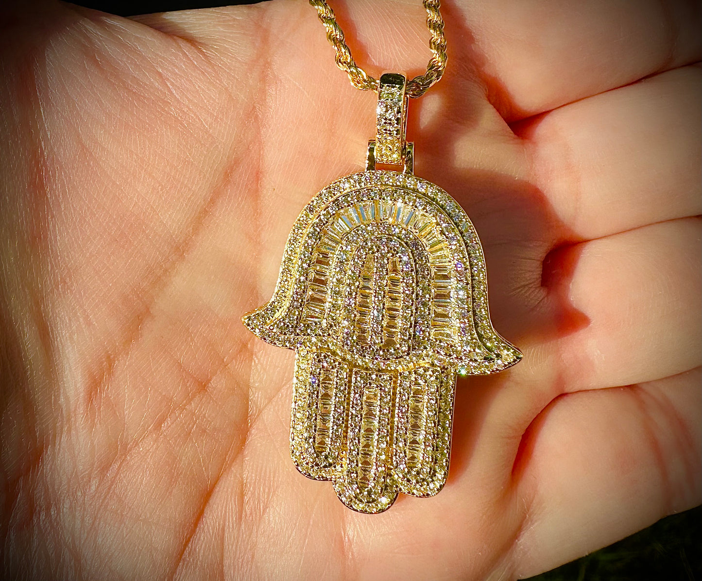 Gold Baguette CZ Iced Out Hamsa Pendant
