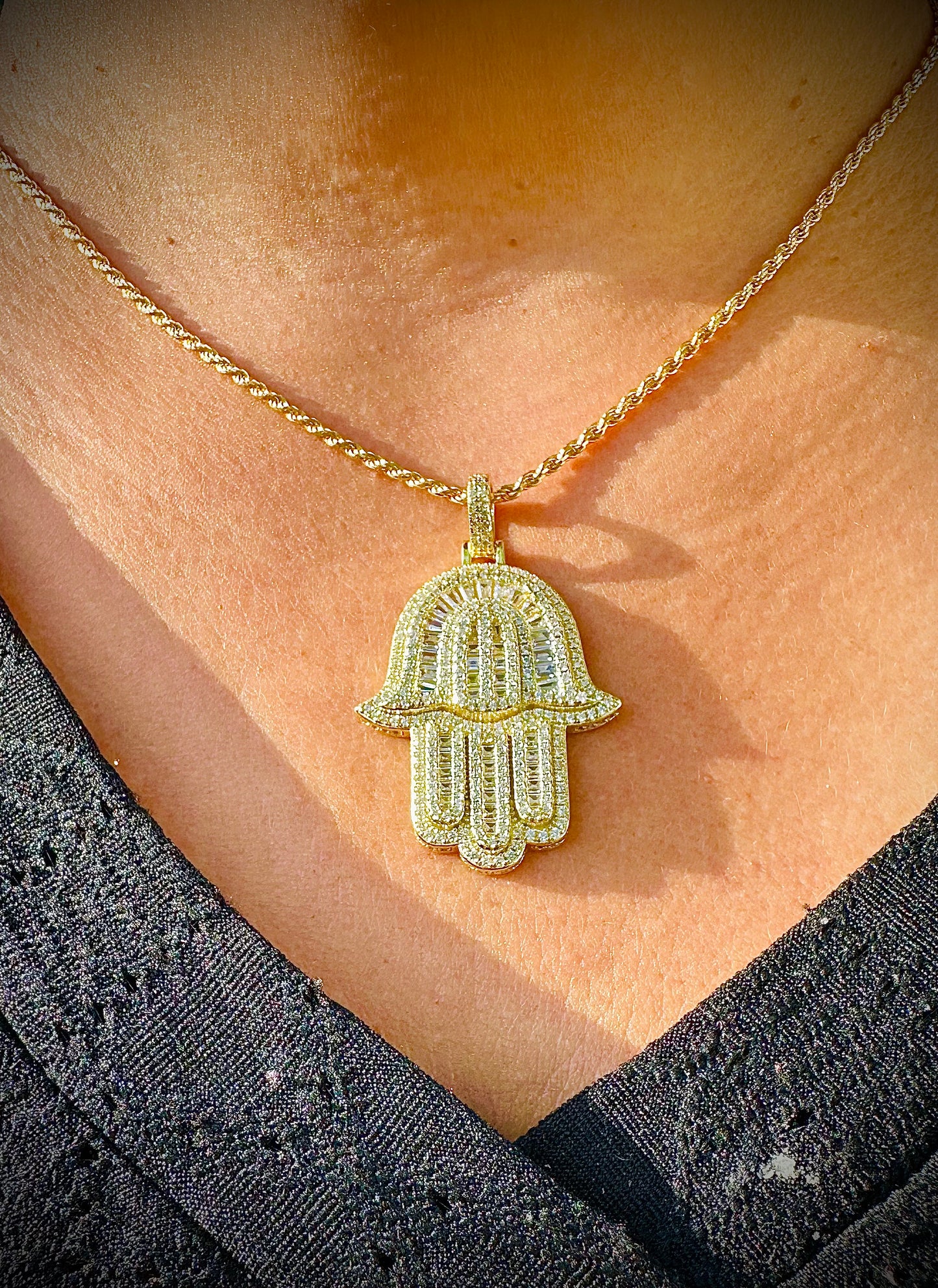Gold Baguette CZ Iced Out Hamsa Pendant