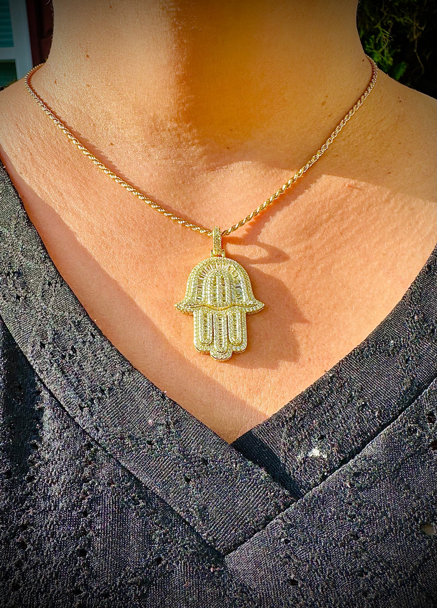 Gold Baguette CZ Iced Out Hamsa Pendant
