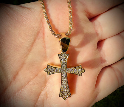 Gold Gothic Iced Out Cross Pendant