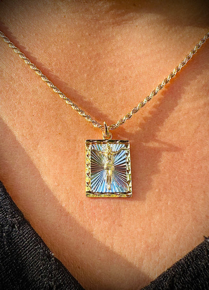 Small Two-Tone Square Jesus Pendant