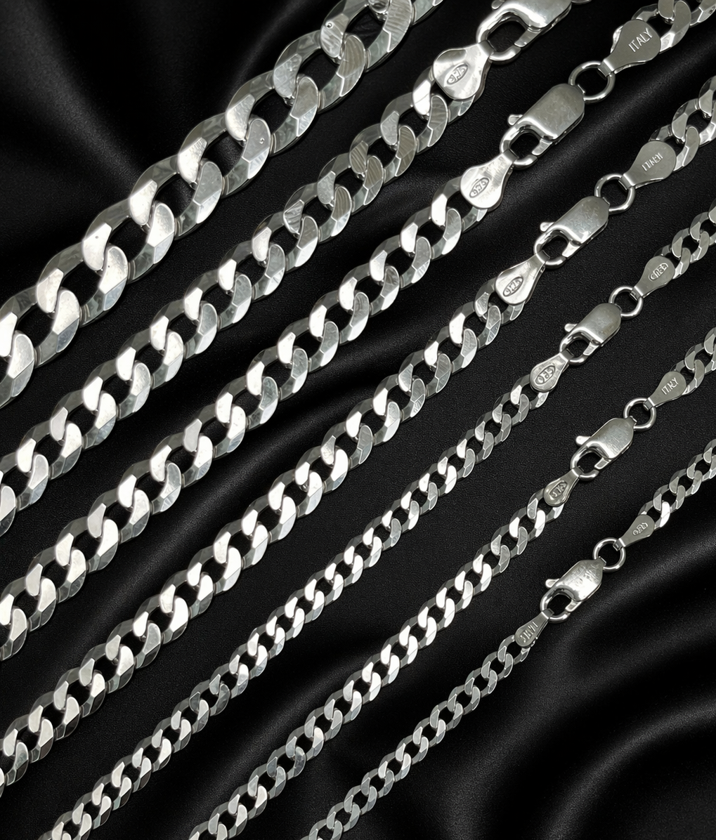 FLAT Curb Cuban Chains Solid 925 Sterling Silver 3mm to 10.5mm