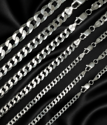 FLAT Curb Cuban Chains Solid 925 Sterling Silver 3mm to 10.5mm