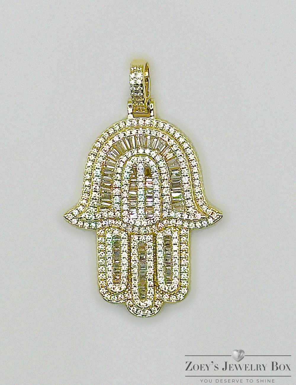 Gold Baguette CZ Iced Out Hamsa Pendant