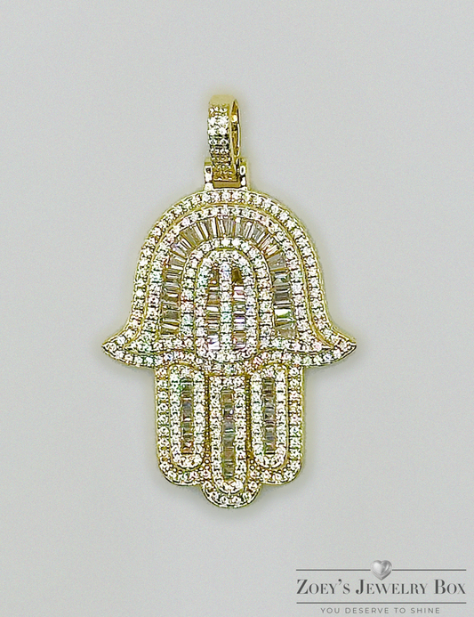 Gold Baguette CZ Iced Out Hamsa Pendant
