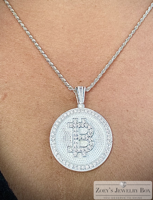 Iced Out Bitcoin Pendant – Gold & Silver