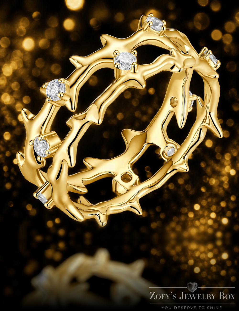 Moissanite Jesus Crown of Thorns Ring, 14k Gold Vermeil Over 925 Sterling Silver Band