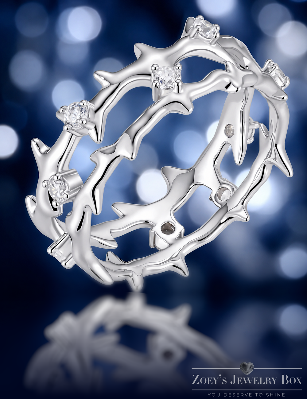 Moissanite Jesus Crown of Thorns Ring, 925 Sterling Silver Band