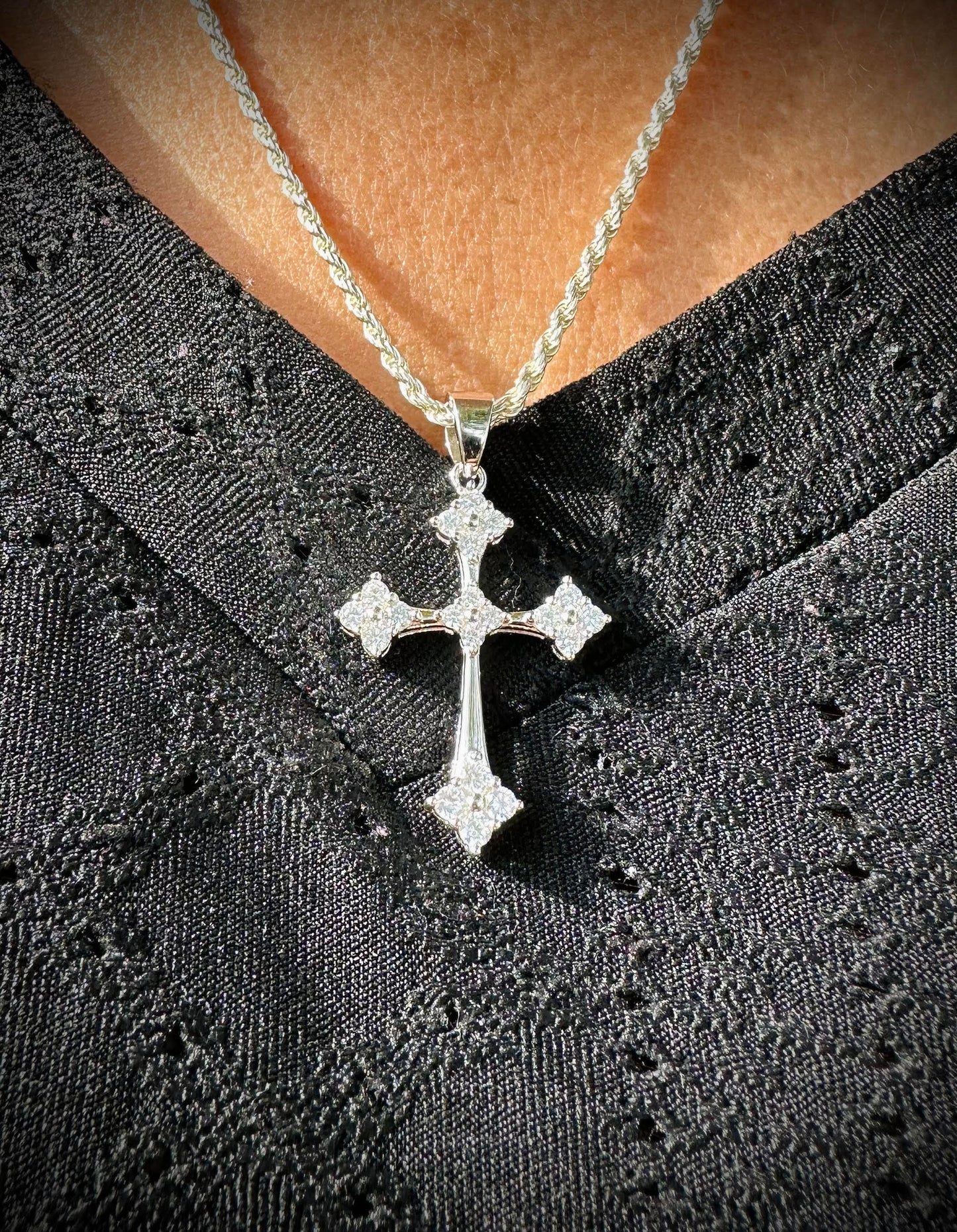 Rhodium Iced Out Gothic Cross Pendant